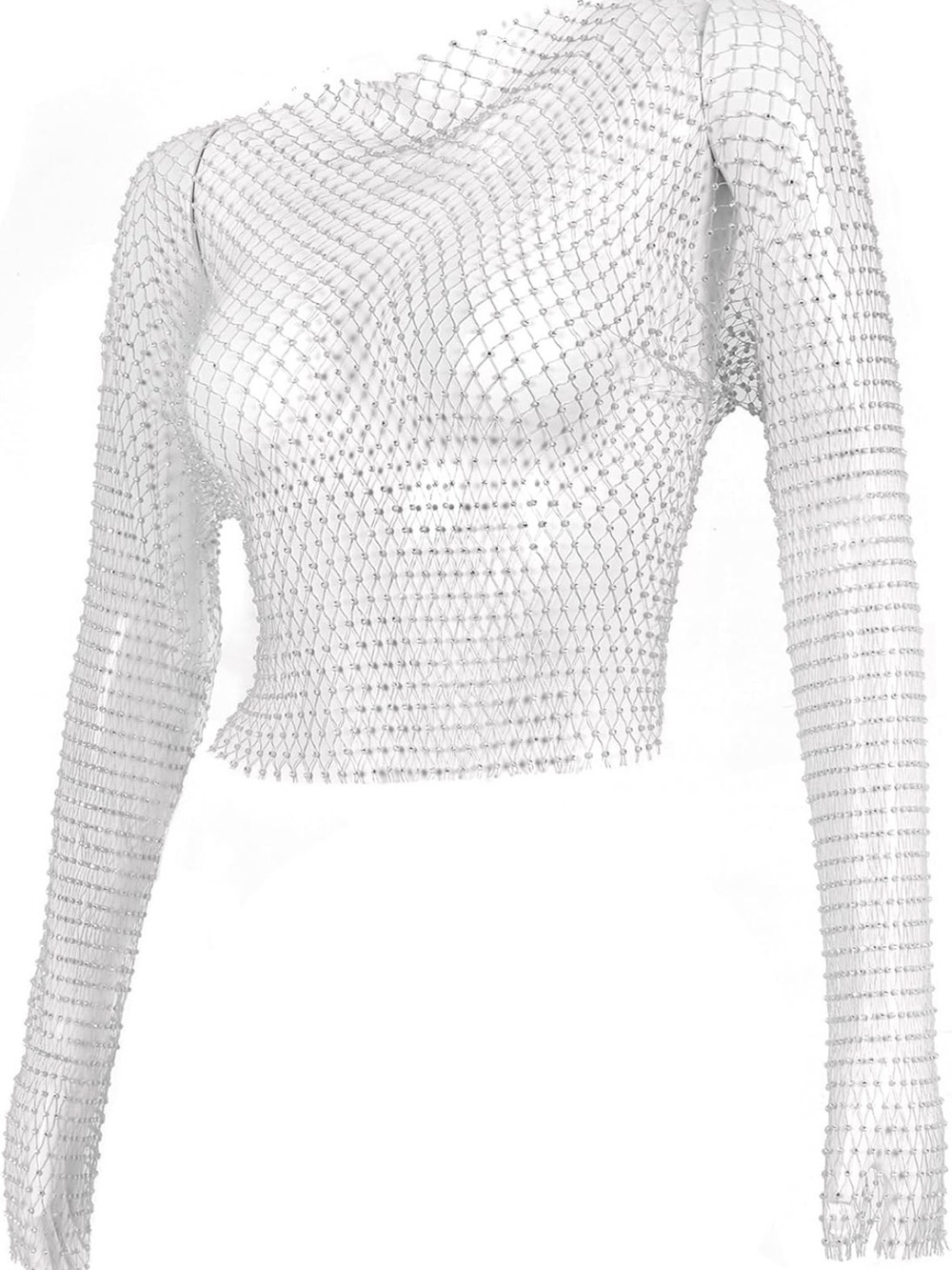 Long Sleeve Silver Fishnet Rhinestone Top